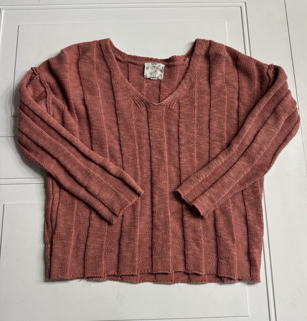 Hippie Rose Womens Sz S Textured Knit Sweater Soft V Neck Red Pink
